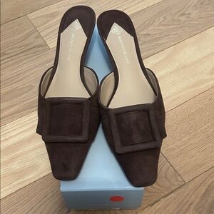 ANTONIO MELANI Dark Brown Suede Square-Buckle Mules